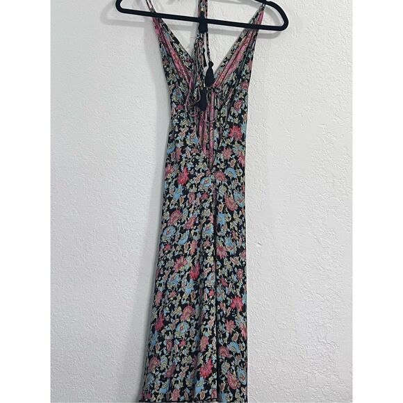 Karma Highway Dress OS Pink Boho Floral Halter Tassel Tie Maxi V Neck Open Back - Picture 4 of 7